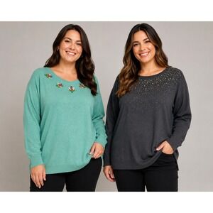 Merona Womens XL‎ Embellished Sweater Bundle Green Floral Gray Rhinestone 2 Pack